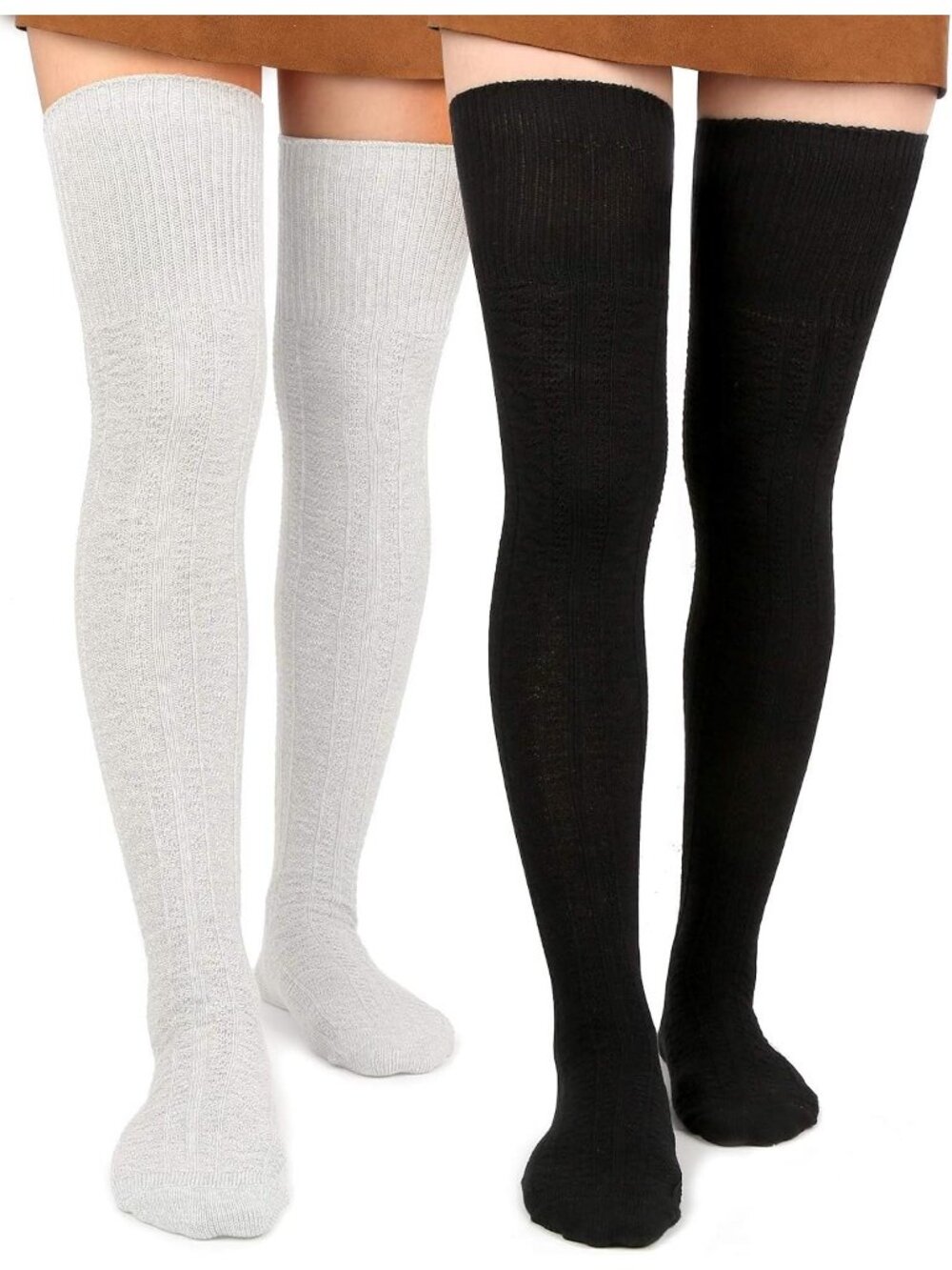Women's Black White Cotton Knit Stocking Over The Knee Thigh High Socks Boots